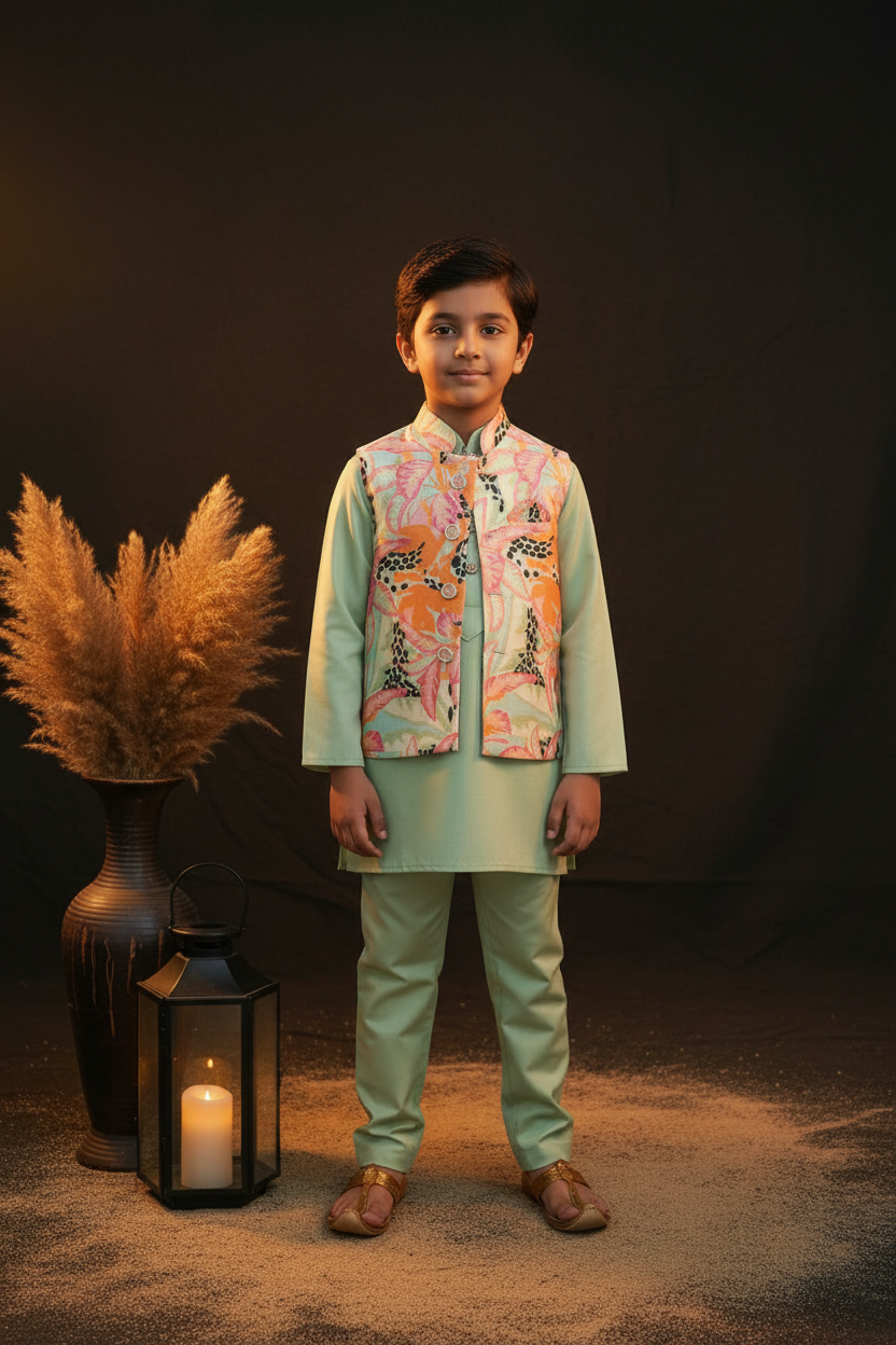 TROPICAL MOSAIC BUNDI WITH OLIVE GREEN KURTA PAJAMA