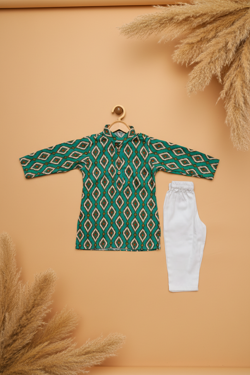 EMERALD IKAT DIAMOND PRINTED KURTA WITH WHITE PAJAMA