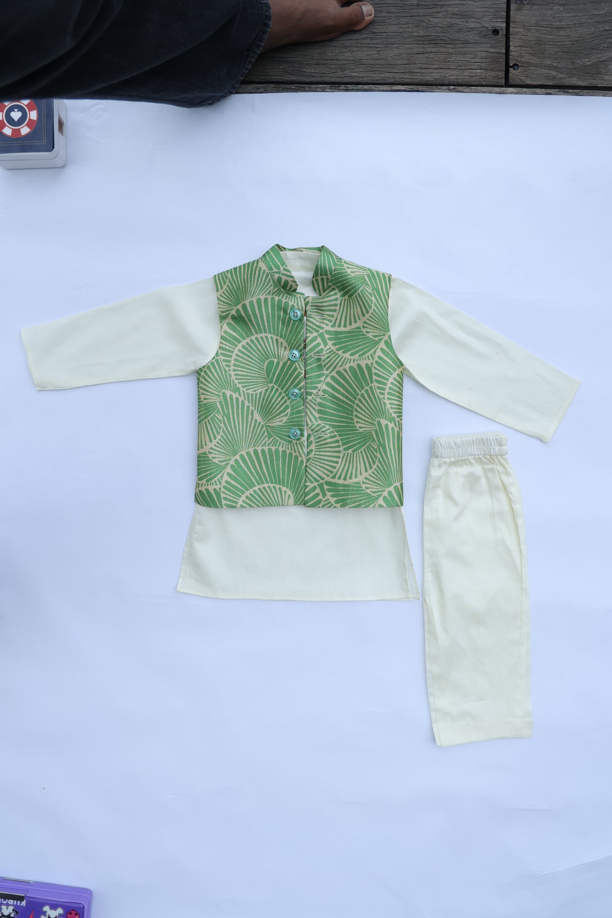 EMERALD CANOPY BUNDI WITH CREAM KURTA & PAJAMA