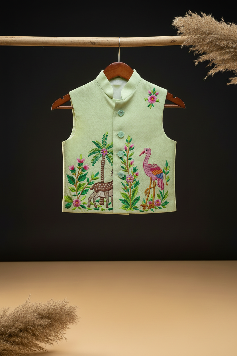 GARDEN OF WONDERS EMBROIDERED BUNDI WITH GREEN KURTA & WHITE PAJAMA SET