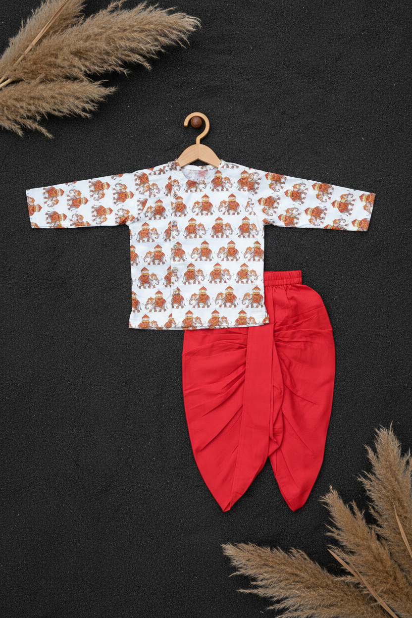 CRIMSON ROYAL ELEPHANT PRINTED KURTA WITH RED DHOTI