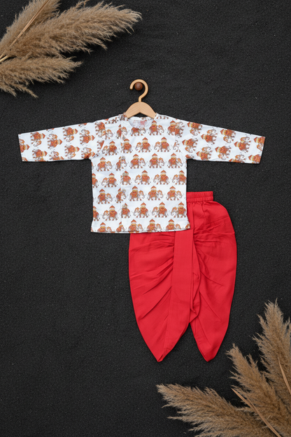 CRIMSON ROYAL ELEPHANT PRINTED KURTA WITH RED DHOTI