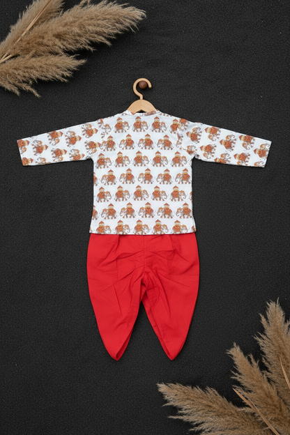 CRIMSON ROYAL ELEPHANT PRINTED KURTA WITH RED DHOTI