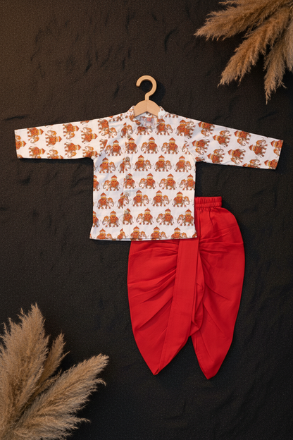 CRIMSON ROYAL ELEPHANT PRINTED KURTA WITH RED DHOTI