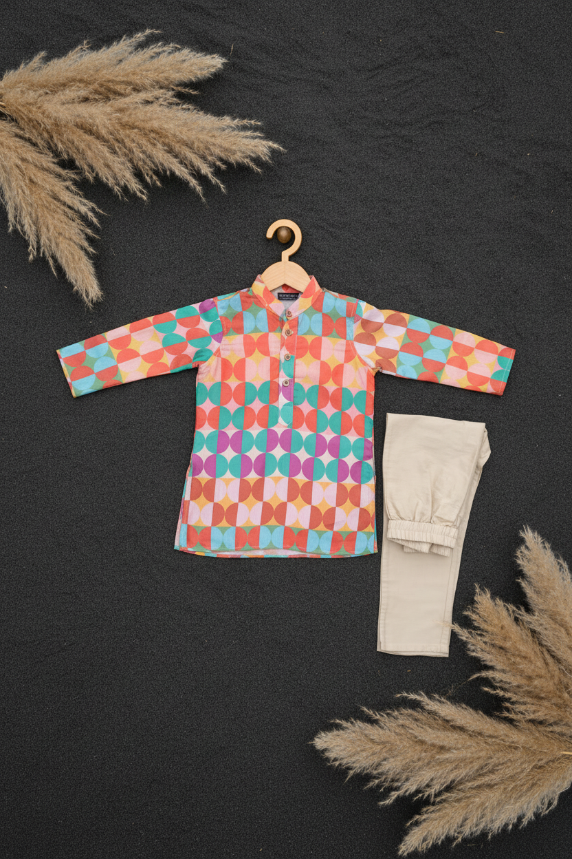 RETRO COLOR BLOCK PRINTED KURTA WITH BEIGE PAJAMA