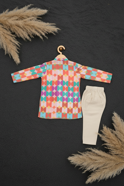 RETRO COLOR BLOCK PRINTED KURTA WITH BEIGE PAJAMA