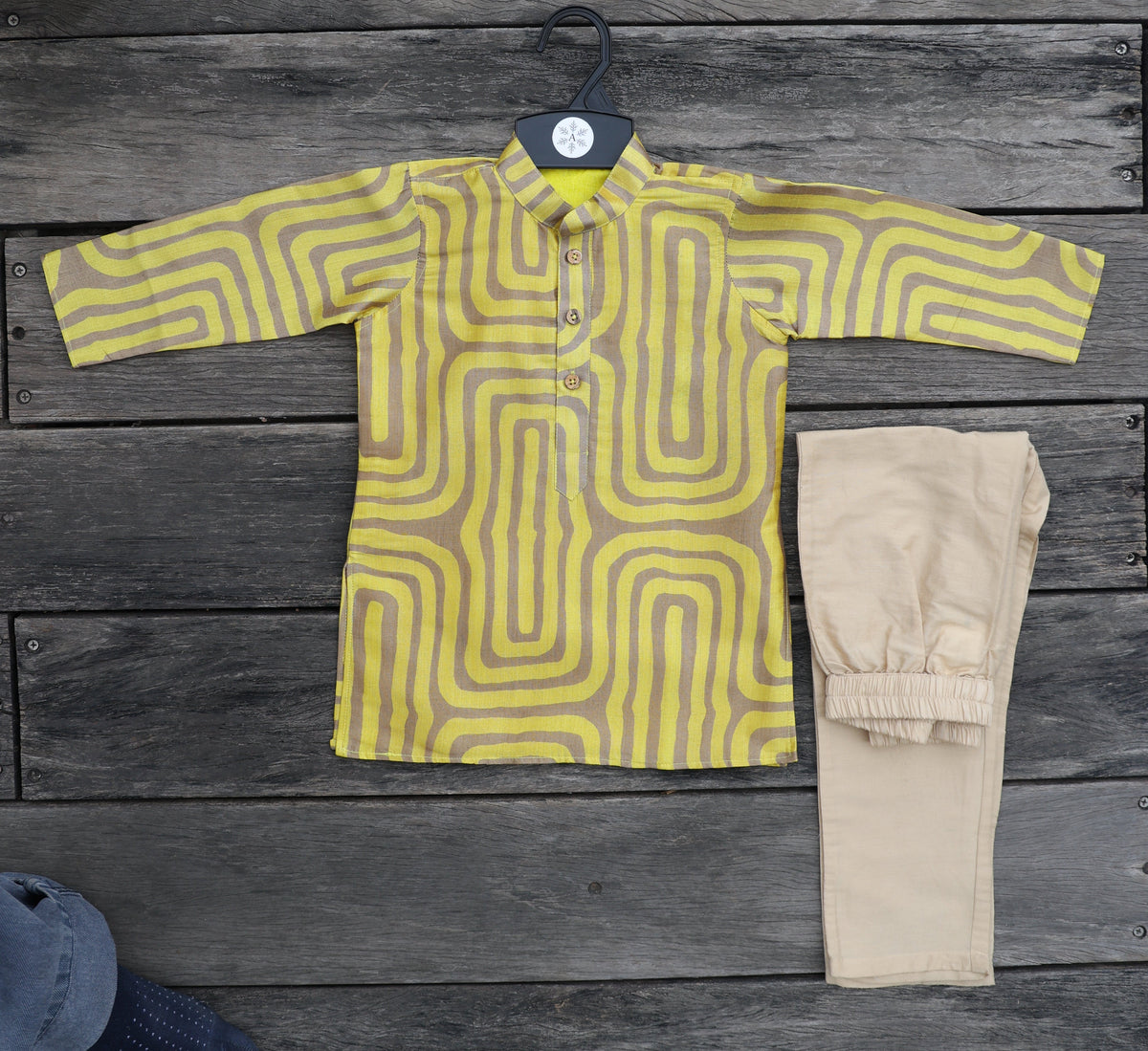 OCHRE LABYRINTH PRINTED KURTA WITH BEIGE PAJAMA