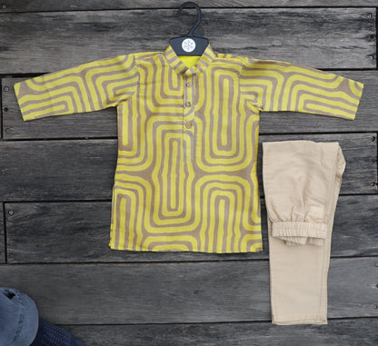 OCHRE LABYRINTH PRINTED KURTA WITH BEIGE PAJAMA