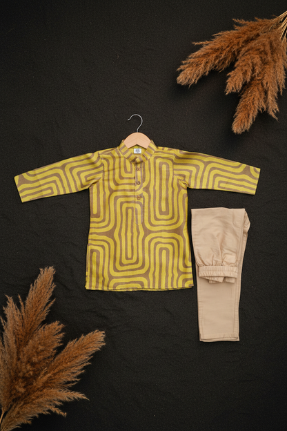 OCHRE LABYRINTH PRINTED KURTA WITH BEIGE PAJAMA