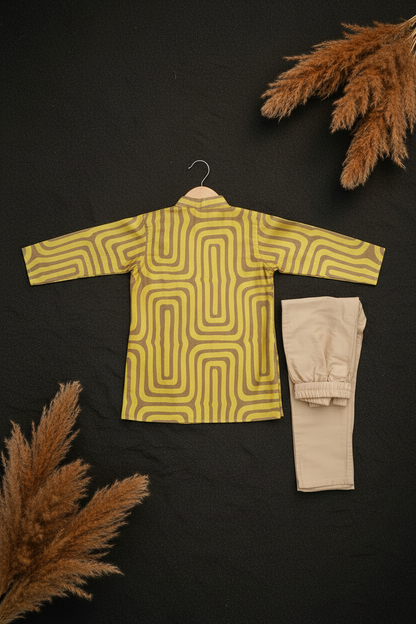 OCHRE LABYRINTH PRINTED KURTA WITH BEIGE PAJAMA