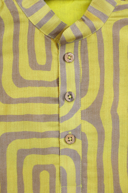 OCHRE LABYRINTH PRINTED KURTA WITH BEIGE PAJAMA