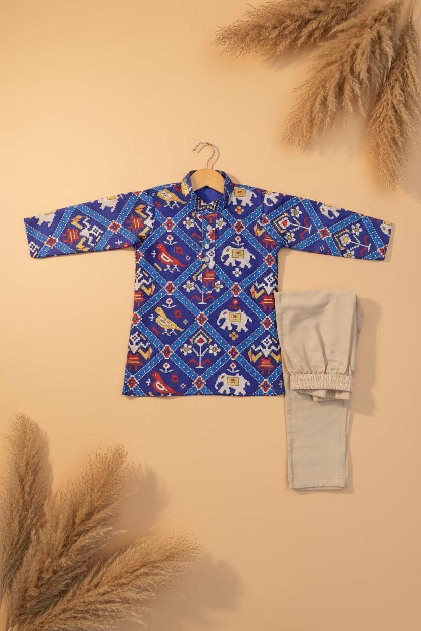 ROYAL NEELAM PATOLA PRINTED KURTA WITH BEIGE PAJAMA