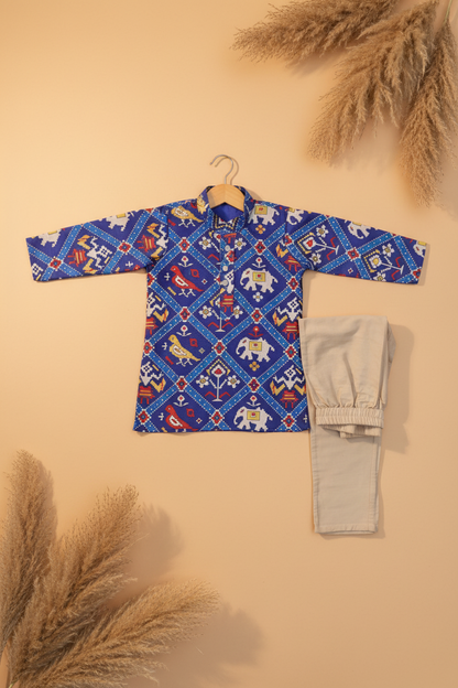 ROYAL NEELAM PATOLA PRINTED KURTA WITH BEIGE PAJAMA