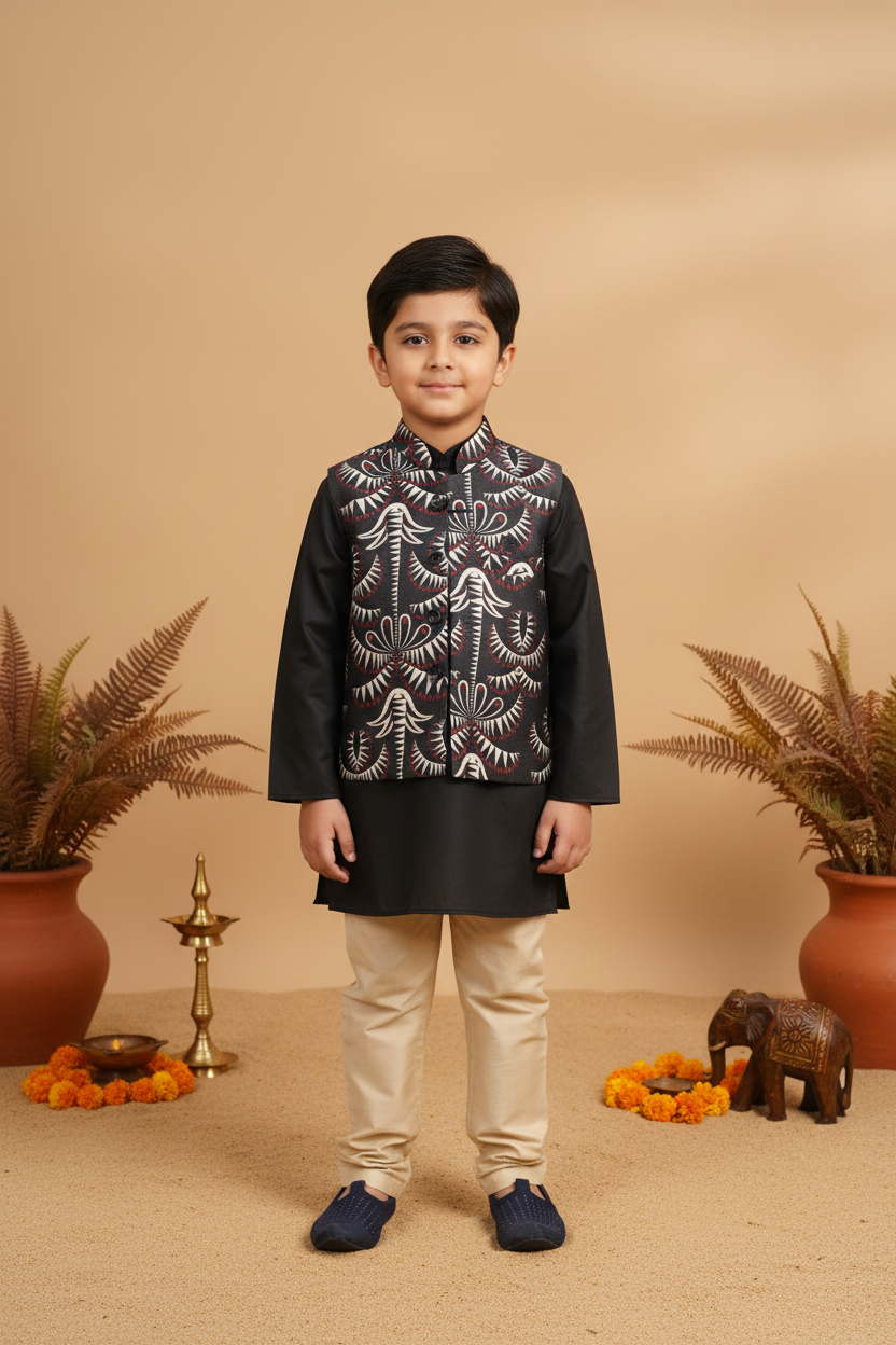 MIDNIGHT MAJESTY BUNDI WITH BLACK KURTA & BEIGE PAJAMA
