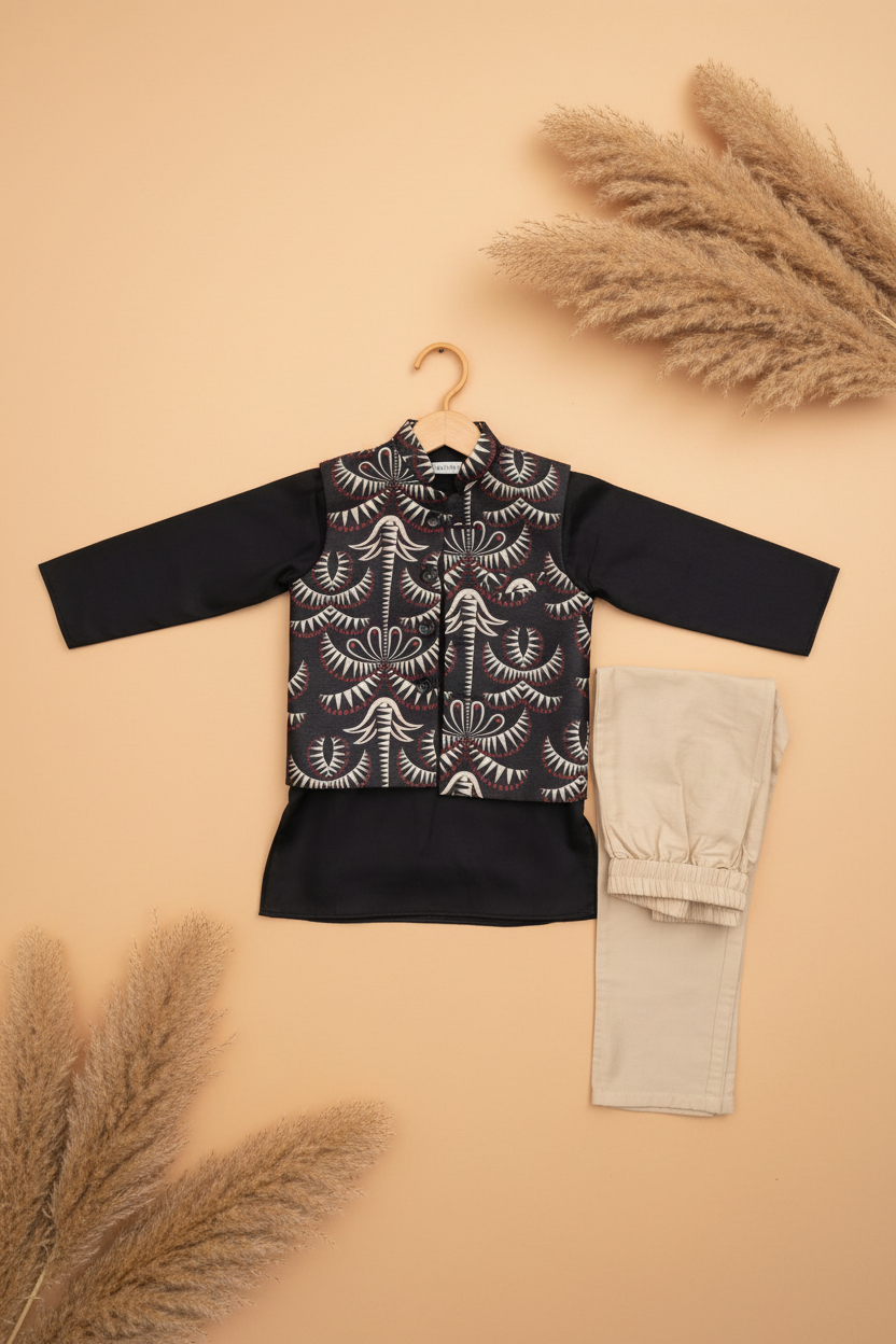 MIDNIGHT MAJESTY BUNDI WITH BLACK KURTA & BEIGE PAJAMA