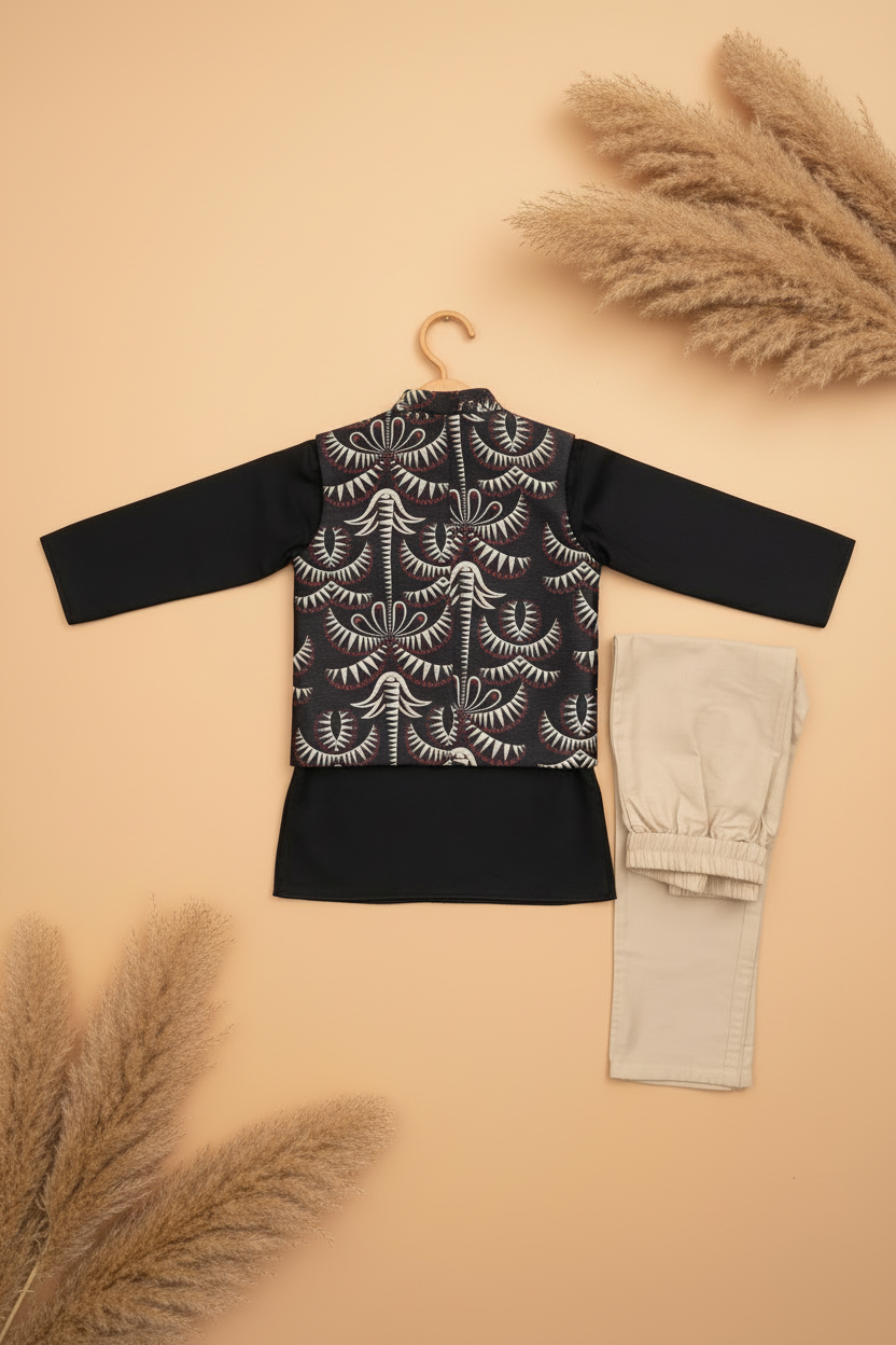 MIDNIGHT MAJESTY BUNDI WITH BLACK KURTA & BEIGE PAJAMA