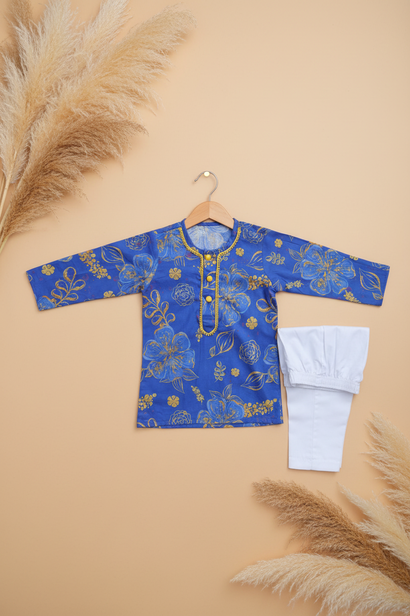 SOVEREIGN BLUE BOTANICAL PRINTED KURTA WITH WHITE PAJAMA