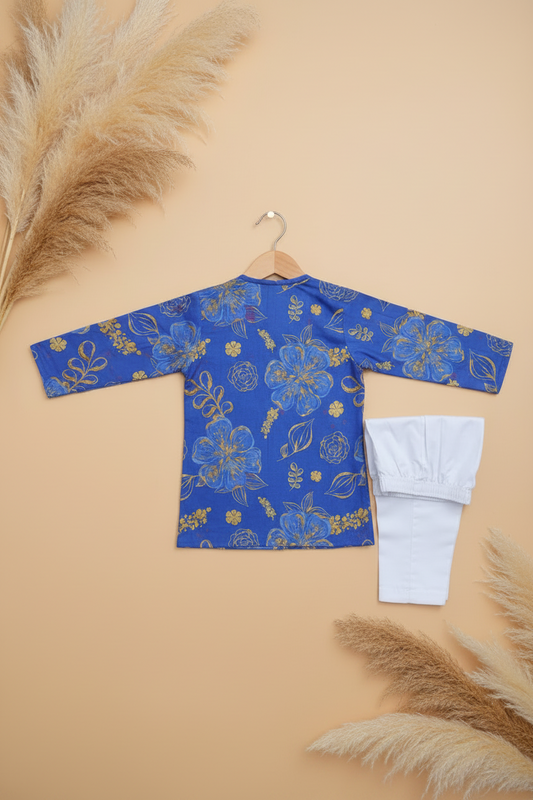 SOVEREIGN BLUE BOTANICAL PRINTED KURTA WITH WHITE PAJAMA