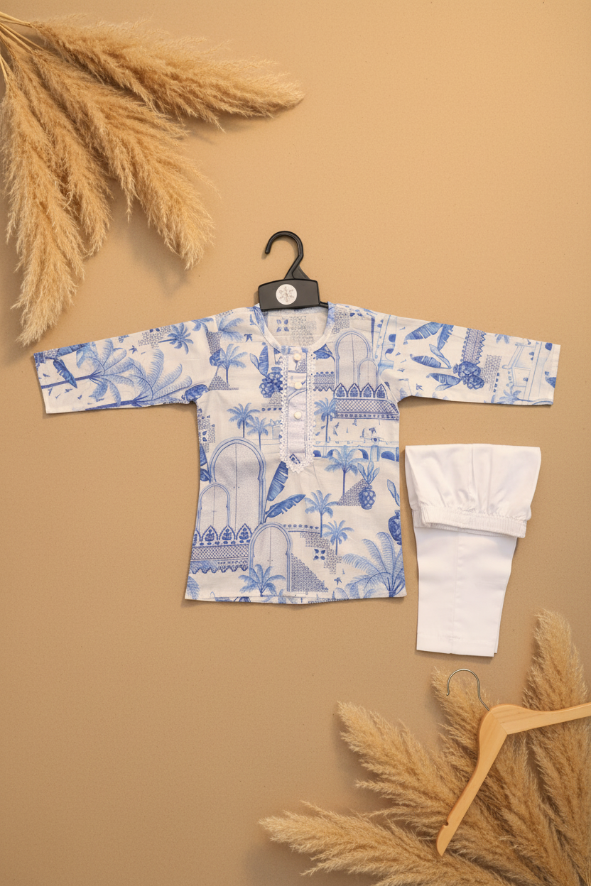 AZURE OASIS PRINTED KURTA WITH WHITE PAJAMA