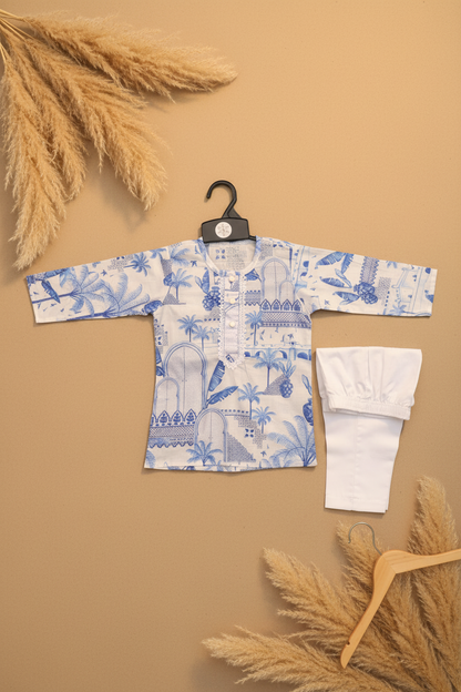 AZURE OASIS PRINTED KURTA WITH WHITE PAJAMA