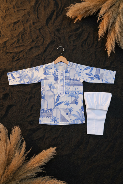 AZURE OASIS PRINTED KURTA WITH WHITE PAJAMA
