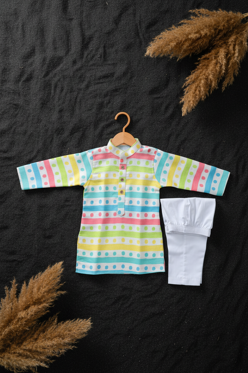 RAINBOW POLKA STRIPES PRINTED KURTA WITH WHITE PAJAMA