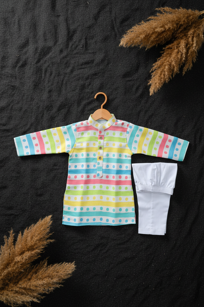 RAINBOW POLKA STRIPES PRINTED KURTA WITH WHITE PAJAMA