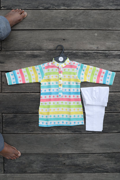 RAINBOW POLKA STRIPES PRINTED KURTA WITH WHITE PAJAMA