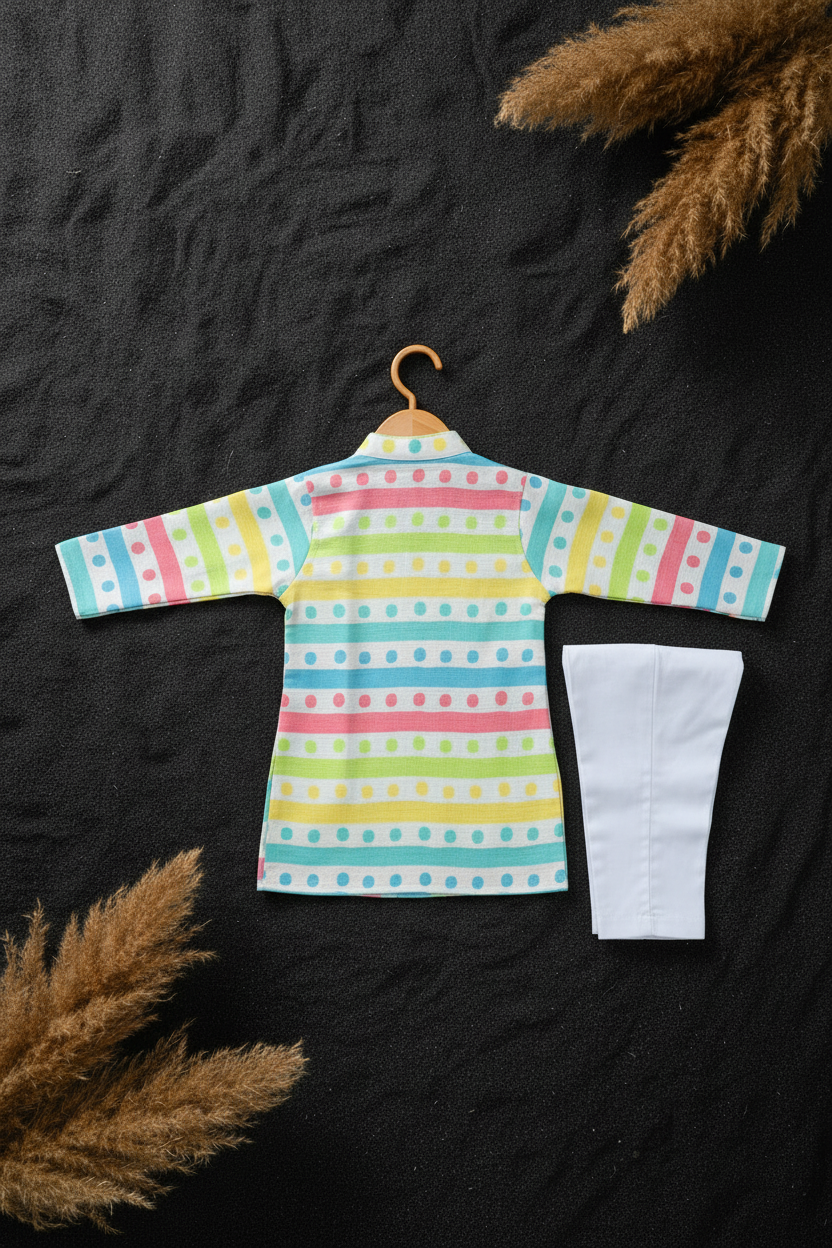 RAINBOW POLKA STRIPES PRINTED KURTA WITH WHITE PAJAMA