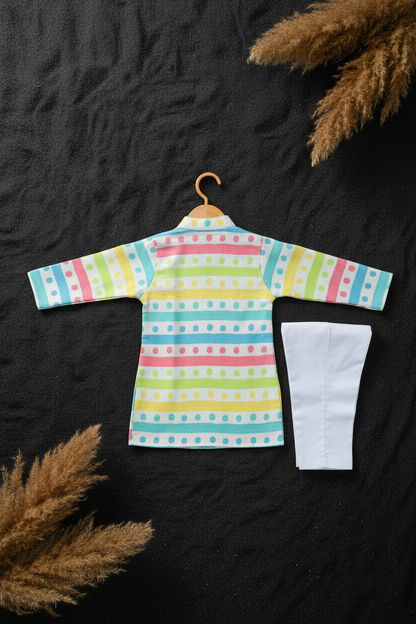 RAINBOW POLKA STRIPES PRINTED KURTA WITH WHITE PAJAMA
