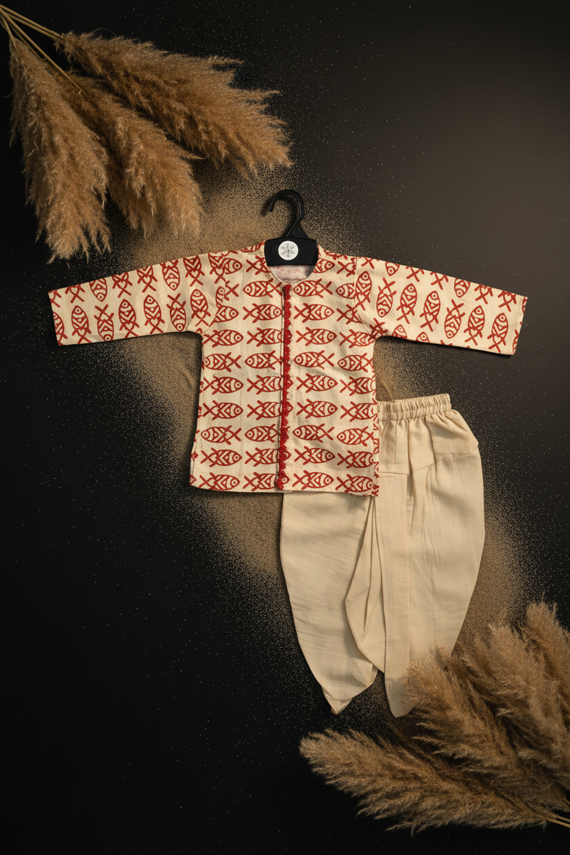 CRIMSON MATSYA PRINTED KURTA WITH BEIGE DHOTI