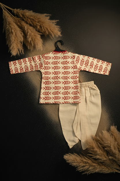 CRIMSON MATSYA PRINTED KURTA WITH BEIGE DHOTI