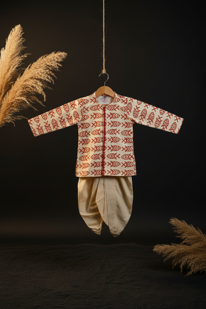 CRIMSON MATSYA PRINTED KURTA WITH BEIGE DHOTI