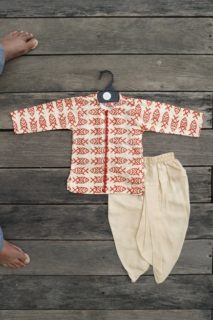 CRIMSON MATSYA PRINTED KURTA WITH BEIGE DHOTI