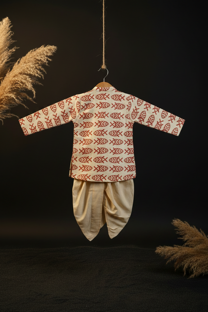 CRIMSON MATSYA PRINTED KURTA WITH BEIGE DHOTI
