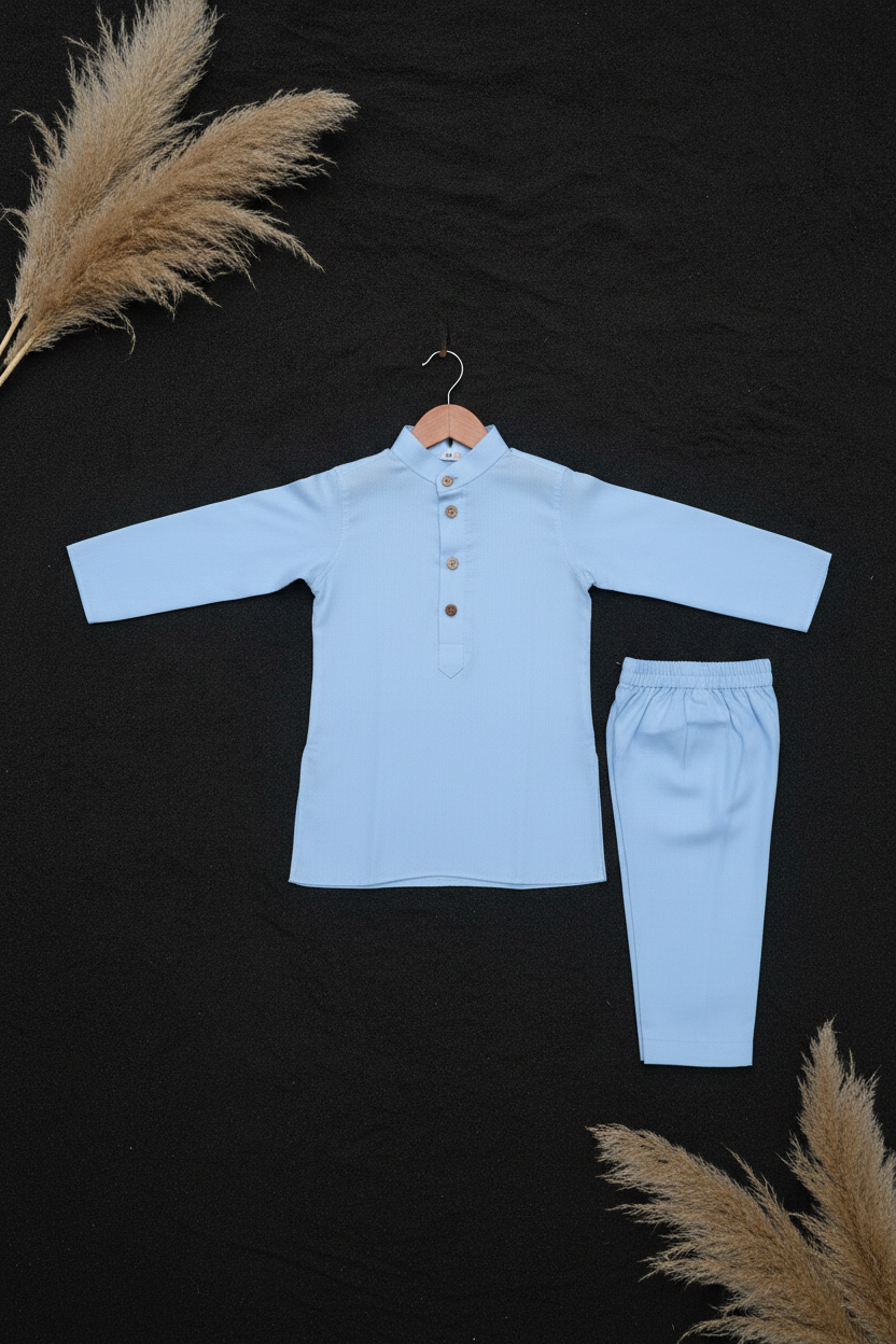 BLUSH AVIARY EMBROIDERY BUNDI WITH MIST BLUE KURTA & PAJAMA SET