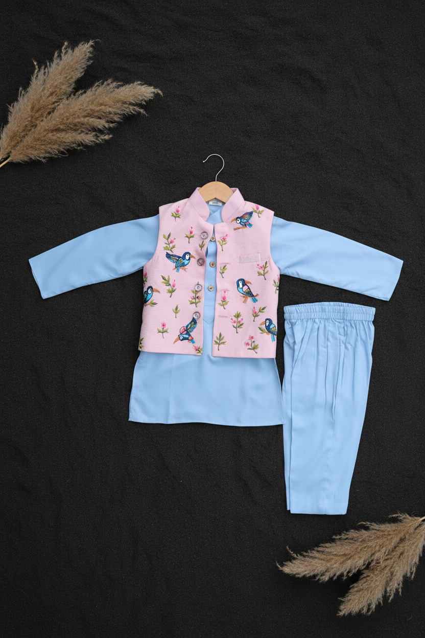 BLUSH AVIARY EMBROIDERY BUNDI WITH MIST BLUE KURTA & PAJAMA SET