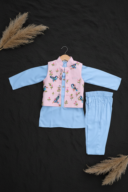 BLUSH AVIARY EMBROIDERY BUNDI WITH MIST BLUE KURTA & PAJAMA SET