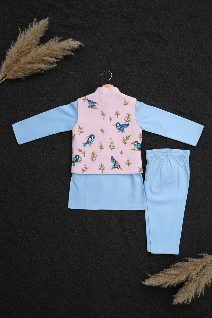 BLUSH AVIARY EMBROIDERY BUNDI WITH MIST BLUE KURTA & PAJAMA SET