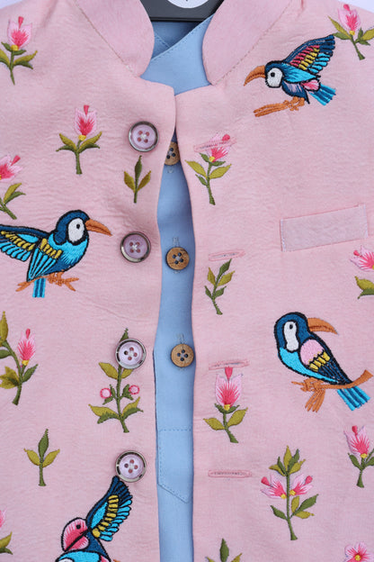 BLUSH AVIARY EMBROIDERY BUNDI WITH MIST BLUE KURTA & PAJAMA SET