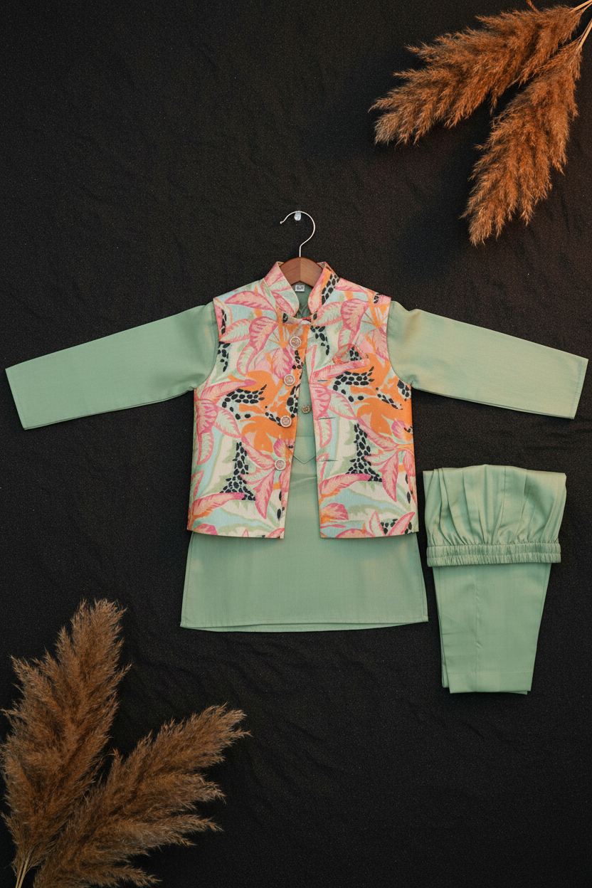 TROPICAL MOSAIC BUNDI WITH OLIVE GREEN KURTA PAJAMA