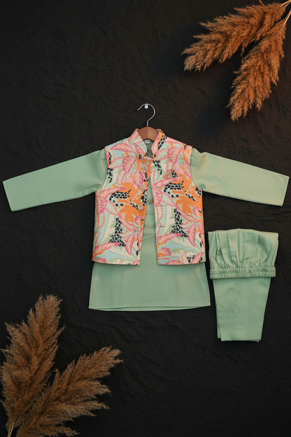 TROPICAL MOSAIC BUNDI WITH OLIVE GREEN KURTA PAJAMA