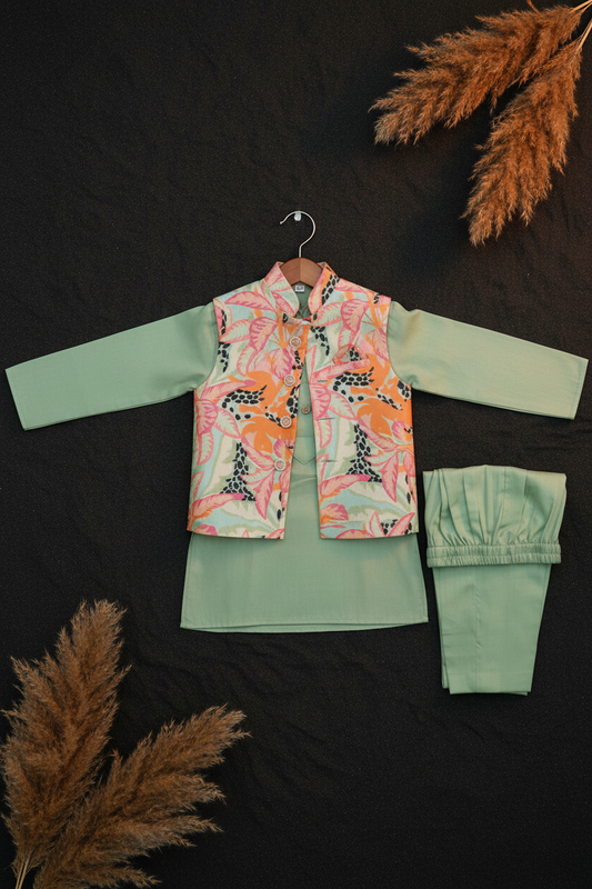 TROPICAL MOSAIC BUNDI WITH OLIVE GREEN KURTA PAJAMA