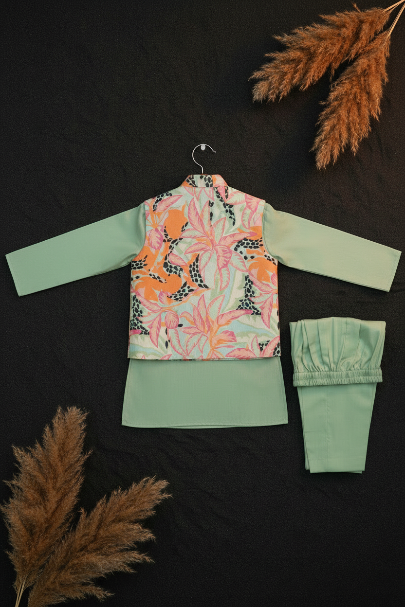 TROPICAL MOSAIC BUNDI WITH OLIVE GREEN KURTA PAJAMA