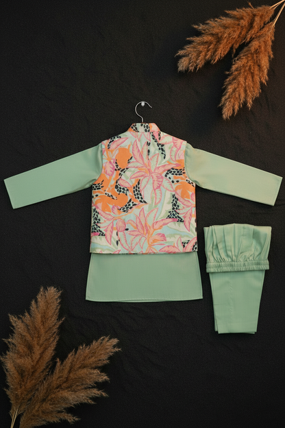 TROPICAL MOSAIC BUNDI WITH OLIVE GREEN KURTA PAJAMA