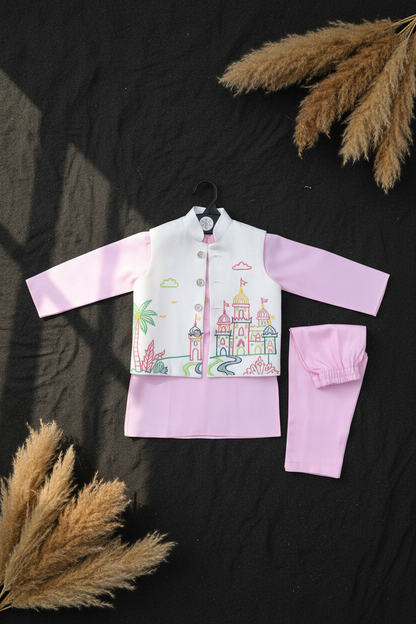 KINGDOM OF DREAMS EMBROIDERY BUNDI WITH BABY PINK KURTA PAJAMA SET