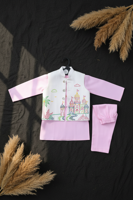 KINGDOM OF DREAMS EMBROIDERED BUNDI WITH BABY PINK KURTA PAJAMA SET