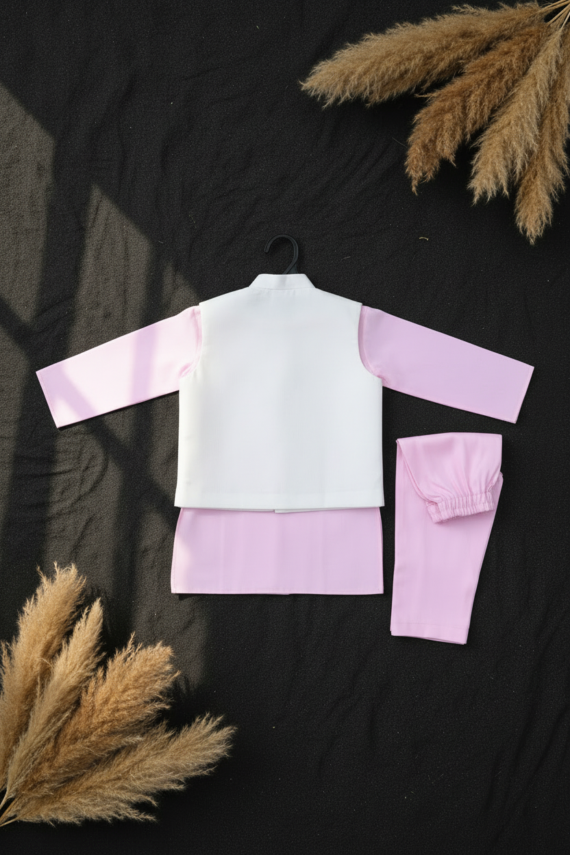KINGDOM OF DREAMS EMBROIDERY BUNDI WITH BABY PINK KURTA PAJAMA SET