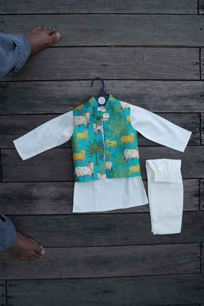 MOO AND MEADOW PRINTED BUNDI WITH KURTA PAJAMA SET