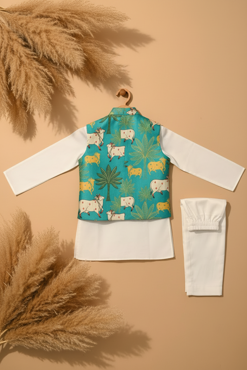MOO AND MEADOW PRINTED BUNDI WITH KURTA PAJAMA SET